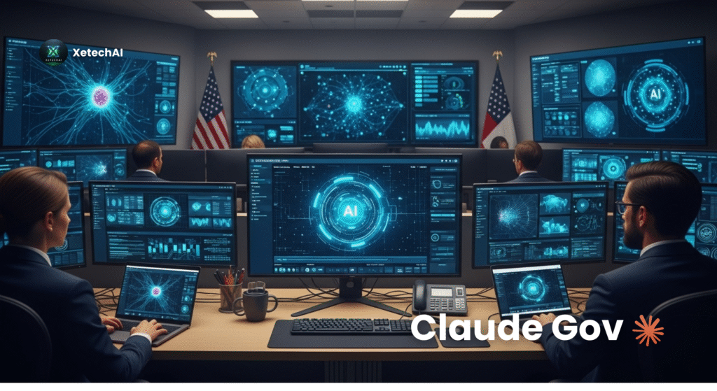 Realistic photo of a U.S. government operations center using Claude Gov AI to analyze data for national security.