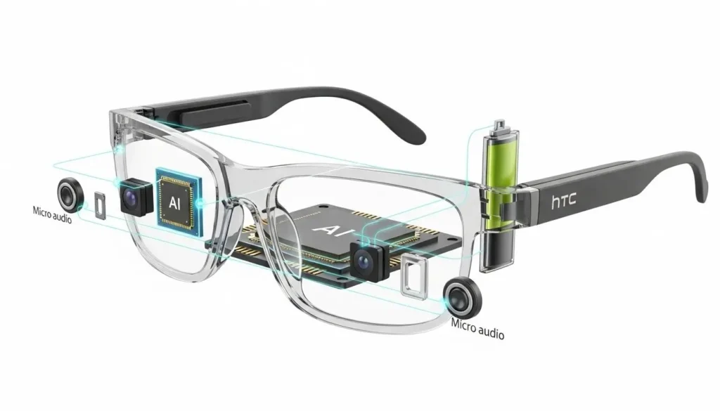 Exploded view of HTC Vive Eagle smart glasses showing battery, camera module, AI chip, and audio drivers in a futuristic technical illustration.