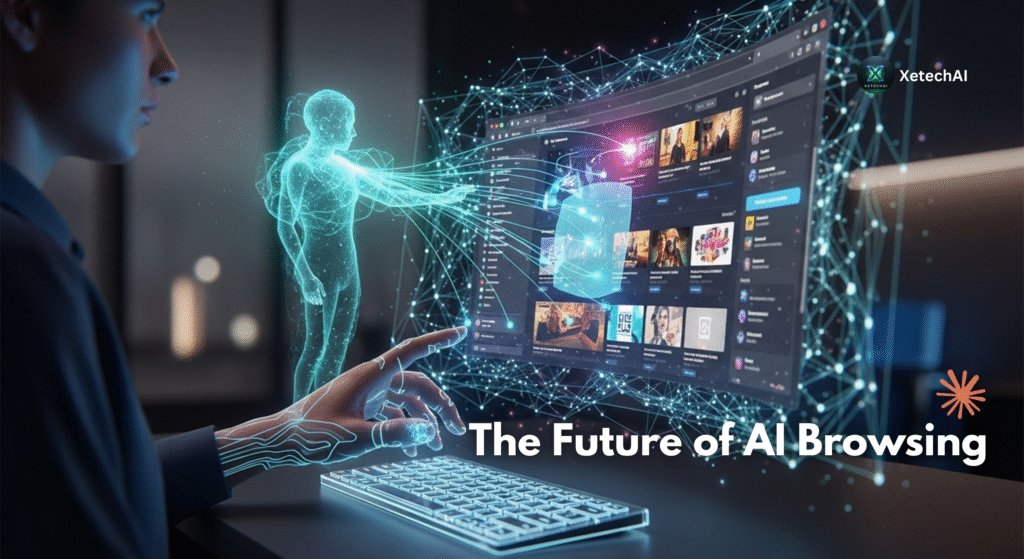 Futuristic concept of Claude AI Agent for Chrome guiding a user through advanced AI-powered browsing