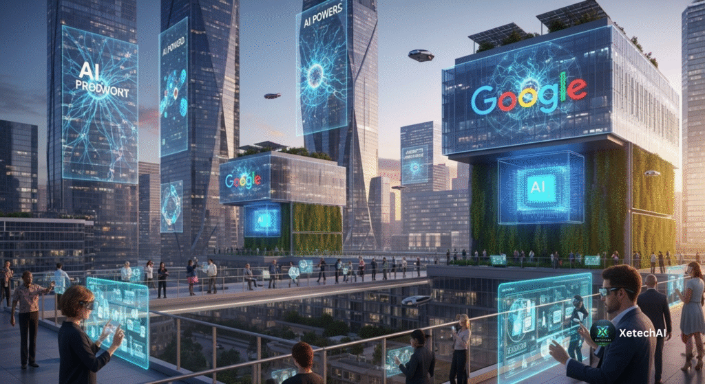 Futuristic skyline of Virginia with AI-powered technology hubs, sustainable Google data centers, and workforce innovation representing the impact of the Google $9 billion AI infrastructure investment in Virginia.