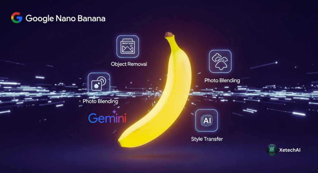 Infographic of Google Nano Banana AI Image Editing Tool features including object removal, photo blending, multi-turn editing, style transfer, and watermarking with Gemini 2.5 Flash Image.