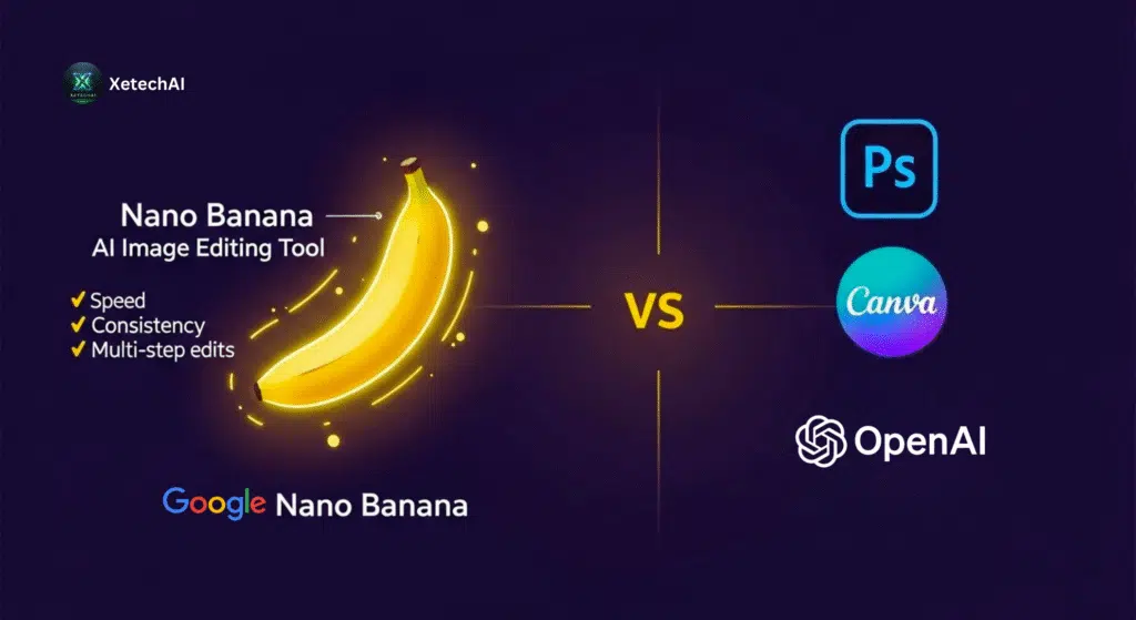 Comparison chart of Google Nano Banana AI Image Editing Tool vs Photoshop, Canva, and OpenAI tools highlighting speed, multi-step editing, and AI consistency.