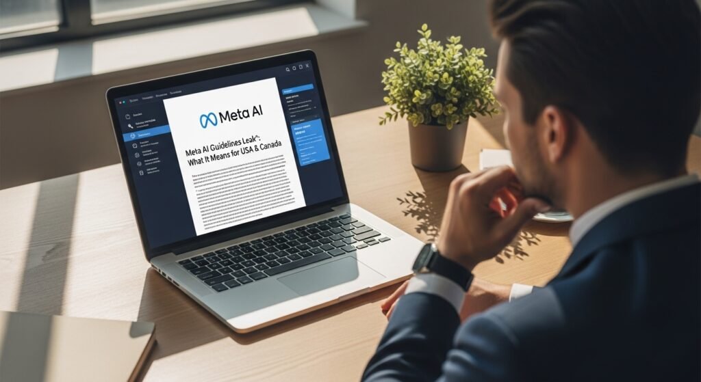 Meta AI chatbot guidelines leak raises safety concerns in the USA and Canada, professional man reviewing document on laptop.