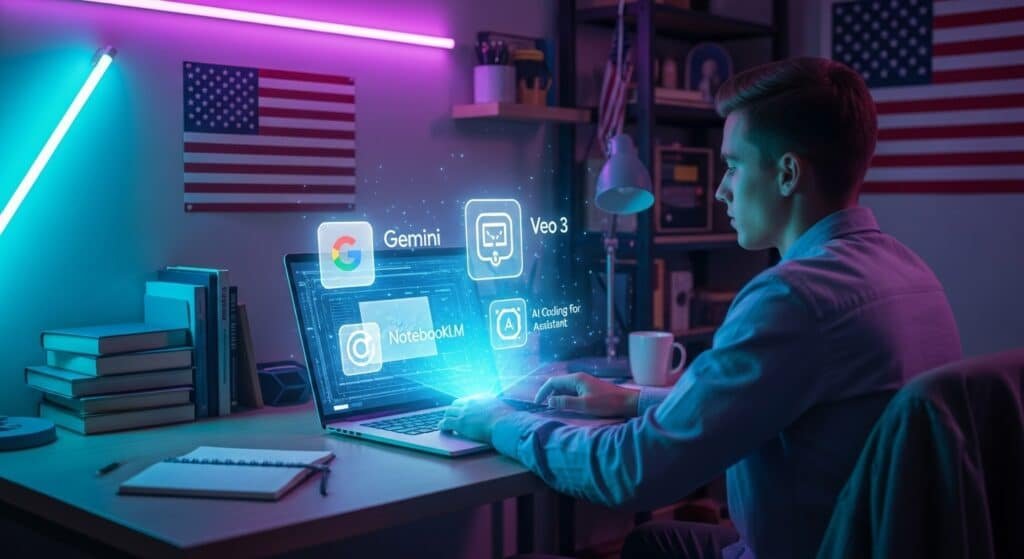 U.S. college student using Google Gemini and other Free AI Tools for Students in USA 2025 on a laptop with glowing holograms in a modern dorm room.
