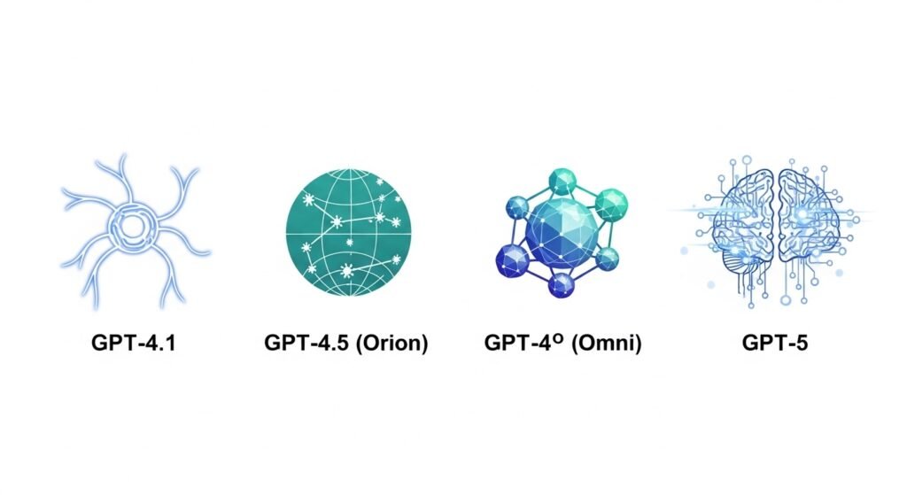 Timeline infographic showing the evolution from GPT-4 to GPT-5 with Omni, Orion, GPT-4.1, and advanced GPT-5 features like dynamic routing and larger context windows.