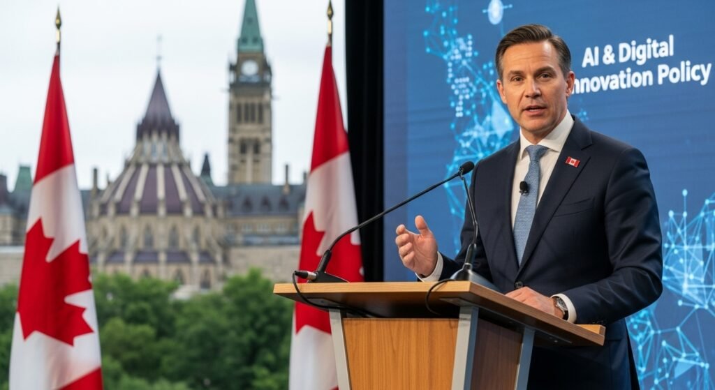 Canadian government official addressing AI policy at Parliament Hill with national flags — symbolizing Canada’s leadership in artificial intelligence under Evan Solomon.