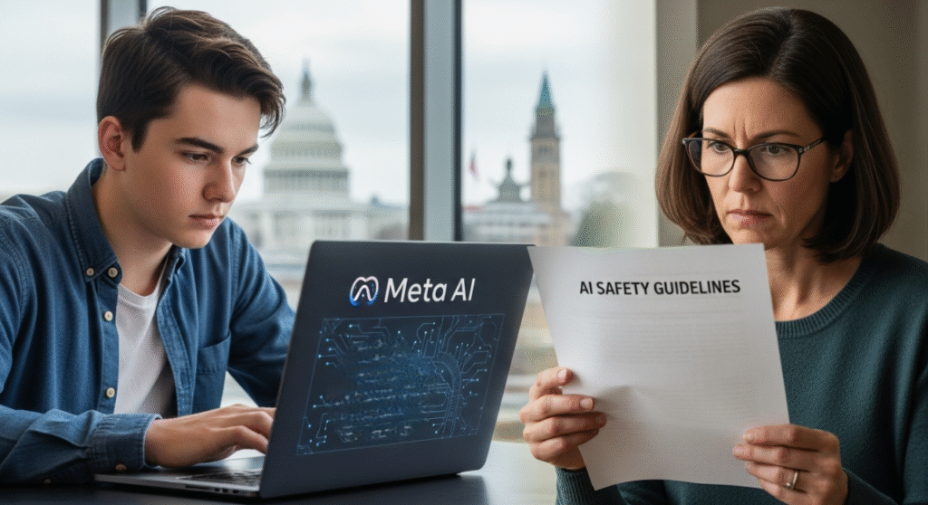 Meta AI chatbot while parent reviews AI safety guidelines, highlighting engagement vs. safety concerns in USA and Canada.