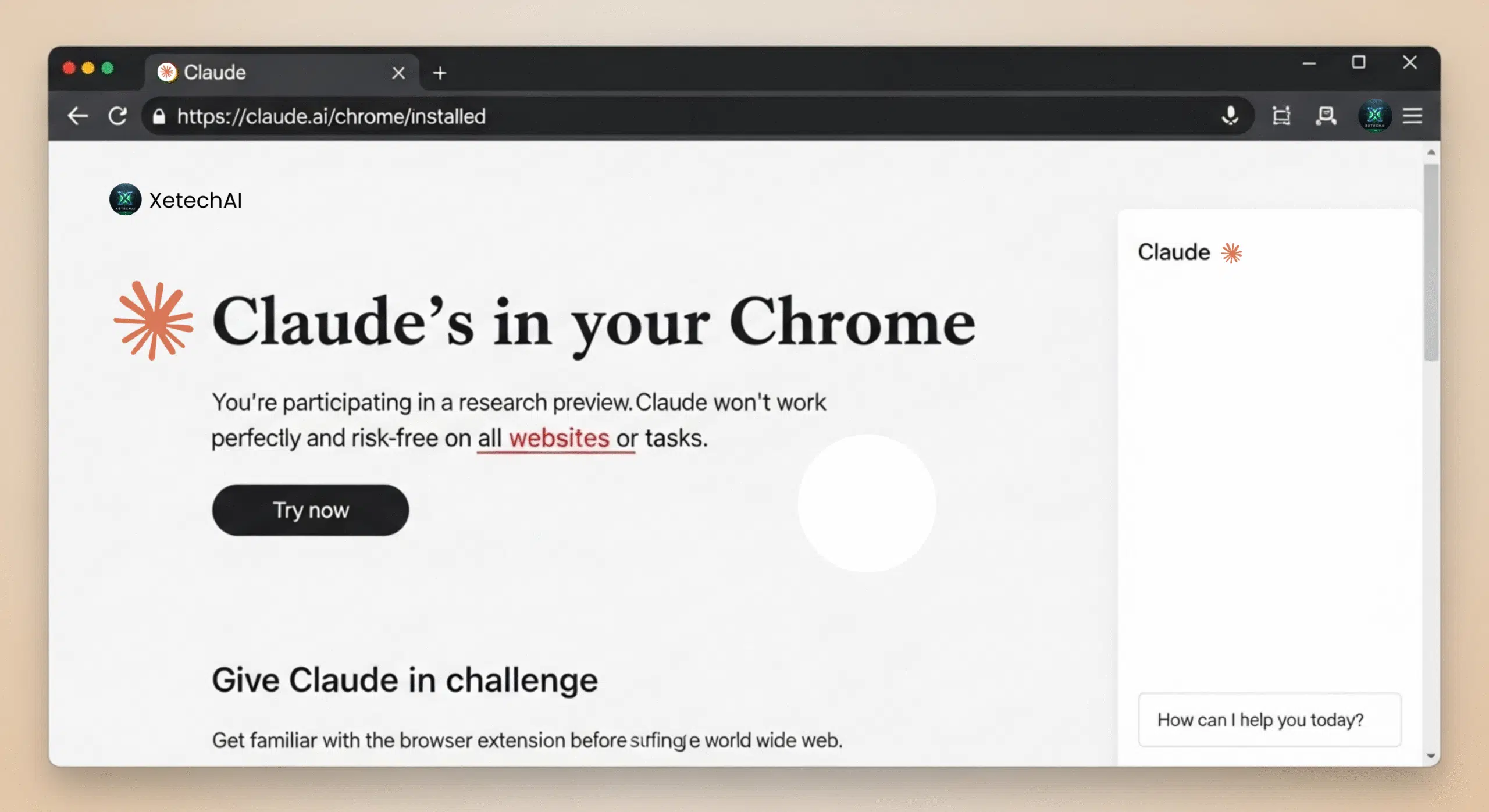 interface of Claude AI Agent for Chrome inside Google Chrome browser