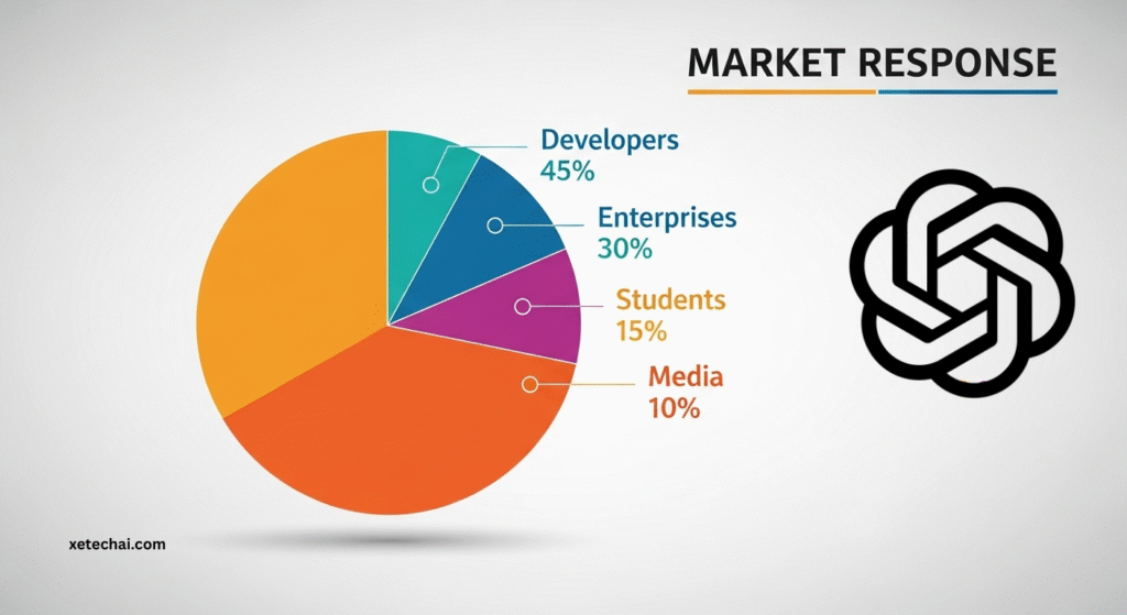 Bar graph showing GPT-5 reactions with percentages from developers, enterprises, students, and media, highlighting AI adoption and industry feedback.