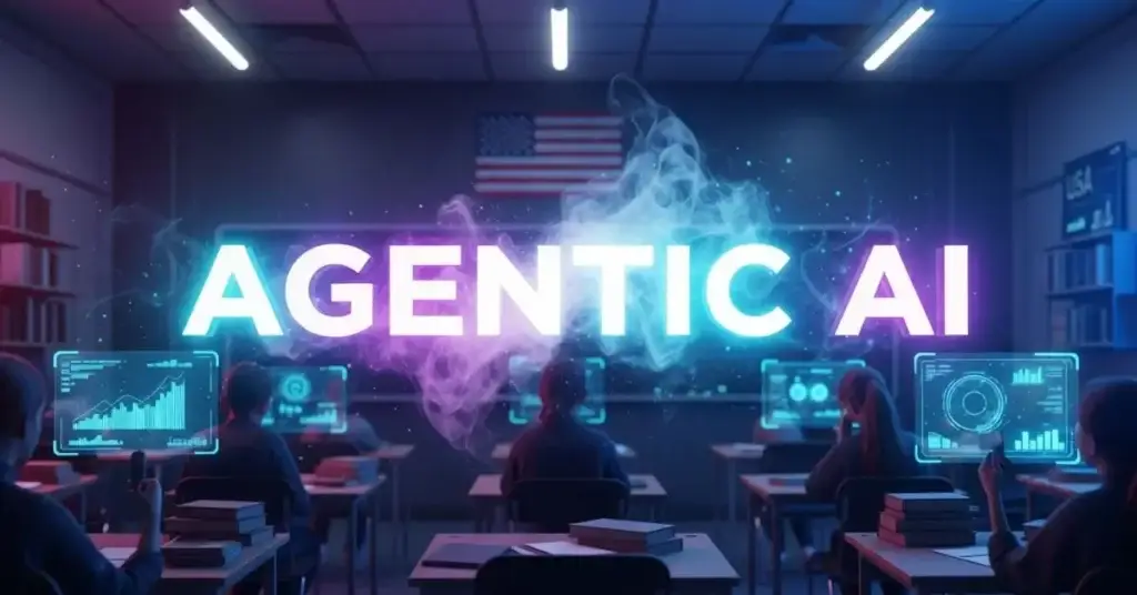 Illustration of Agentic AI acting as a proactive learning partner in a classroom, with holographic AI brain and students learning interactively.