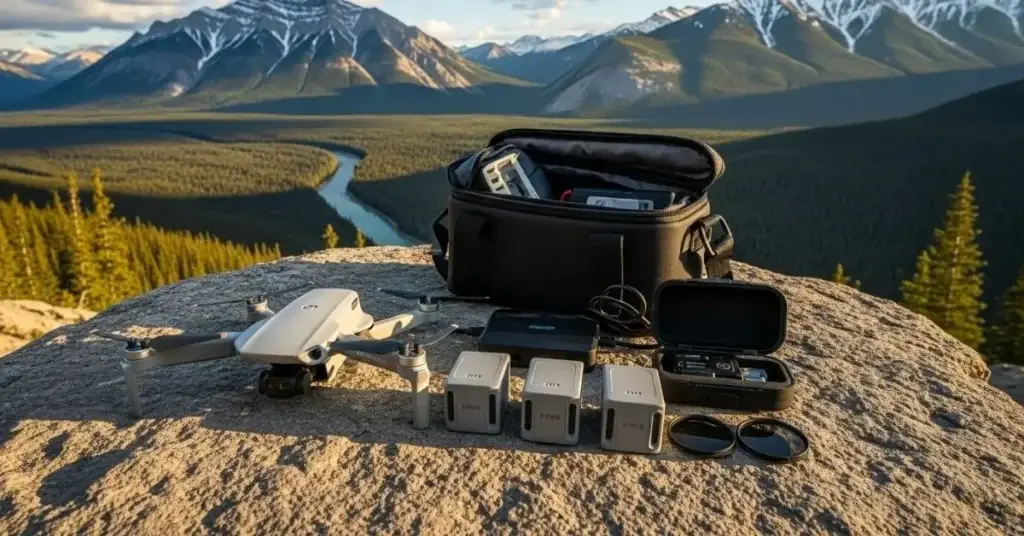 DJI Mini 5 Pro Fly More Combo Plus with batteries, ND filters, charging hub, and bag on mountain top in Banff National Park, Canada