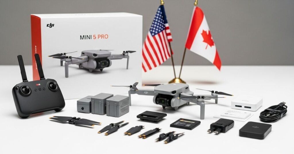 DJI Mini 5 Pro boxed and unboxed with accessories on table, release date and price for USA and Canada buyers