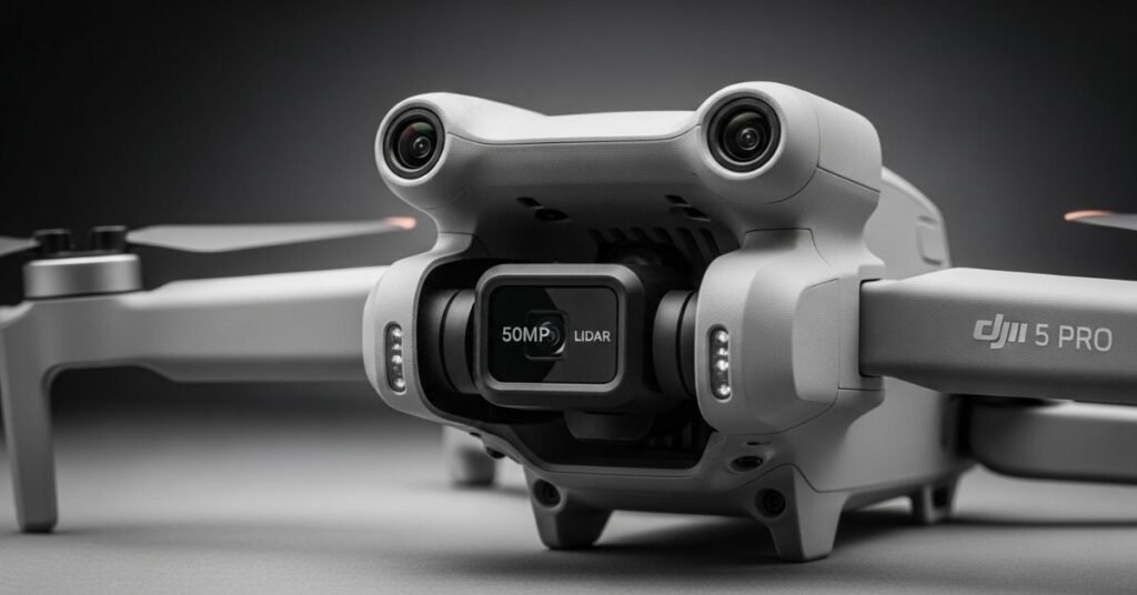 Close-up of DJI Mini 5 Pro drone showing 50MP camera, LiDAR sensors, and upgraded design – latest specs and features