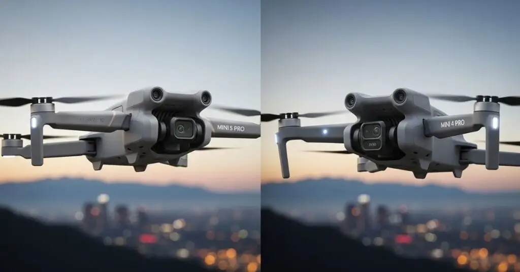 Side-by-side DJI Mini 5 Pro vs Mini 4 Pro drones hovering in mid-air, highlighting camera and design differences