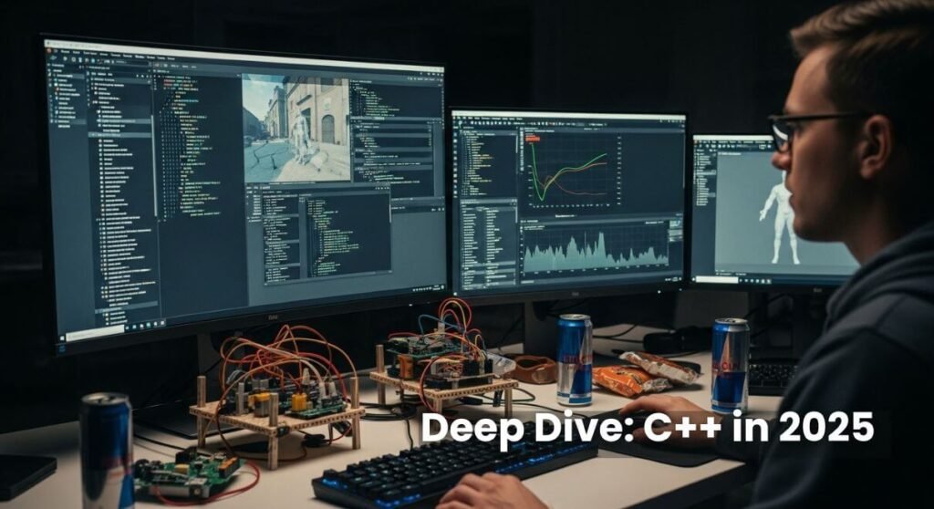 Developer coding in C++ in a high-tech studio with gaming engine and robotics prototypes, showcasing C++ as the best programming language 2025 for students in USA and Canada pursuing high-performance applications.
