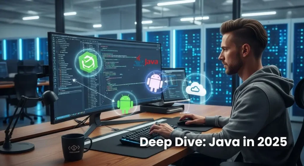Developer coding in Java on multiple monitors with Spring Boot and Android app screens, highlighting Java as the best programming language 2025 for students and professionals in USA and Canada.