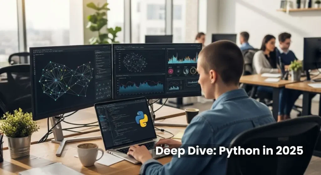 Developer working on Python code with AI and data science visualizations on multiple monitors, showcasing Python as the best programming language 2025 for students in USA and Canada.