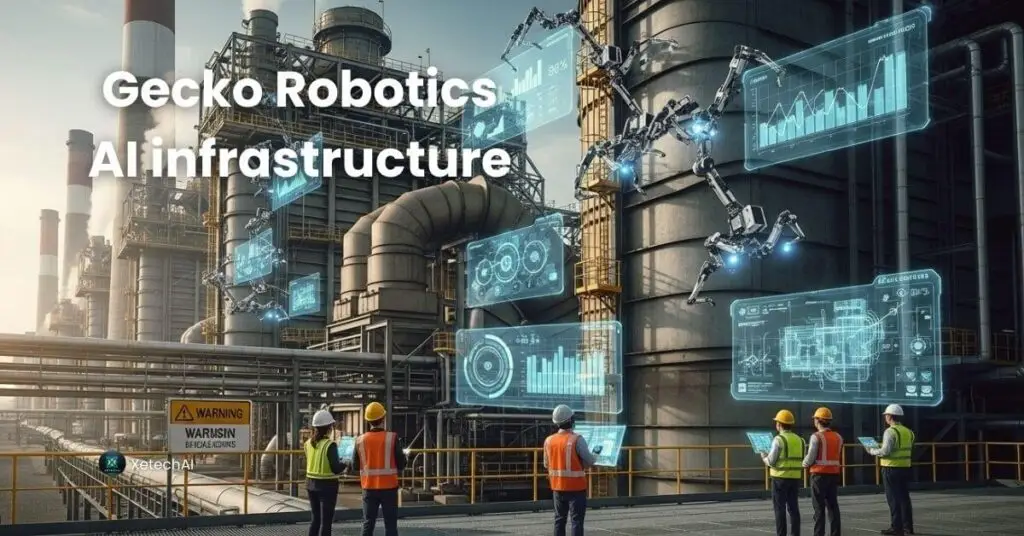 Gecko Robotics USA AI infrastructure robots inspecting a power plant with advanced AI data visualization.