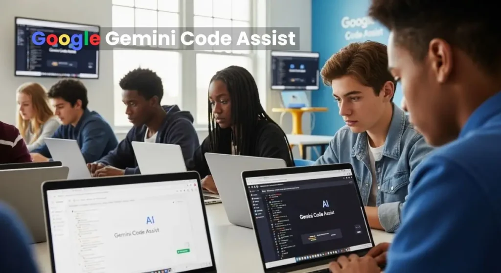 Teen students in the USA and Canada learning coding on laptops using Google Gemini Code Assist and top free coding platforms like Code.org, Replit, and FreeCodeCamp.