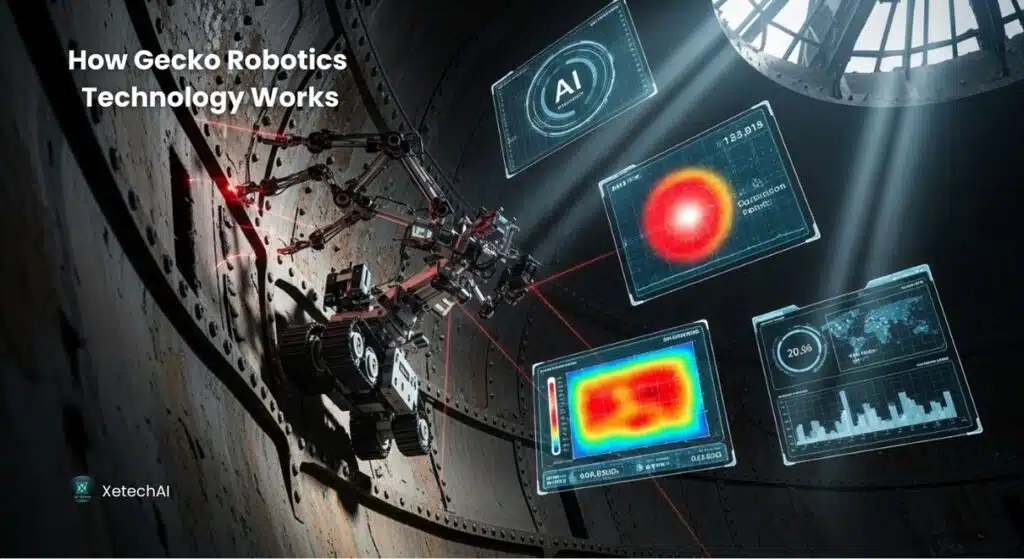 Gecko Robotics USA AI infrastructure robots scanning the inside of a power plant boiler with AI data overlays.