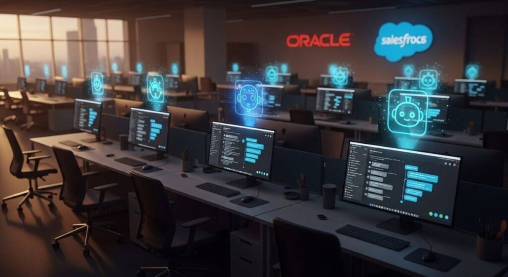 AI chatbots and digital assistants replacing human workers in a support center as Oracle and Salesforce announce massive layoffs in US.