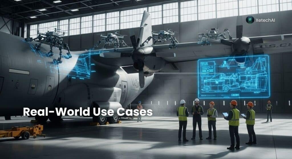 Gecko Robotics USA AI infrastructure robots inspecting a U.S. military aircraft with AI-powered sensors and holographic data.