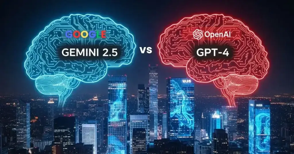 Gemini 2.5 vs GPT-4 AI brains glowing above USA city skyline, futuristic technology journalism concept.