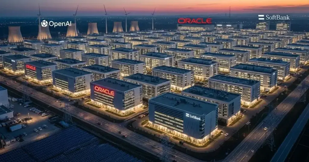 A hyper-realistic view of Stargate AI Data Centers in the USA, featuring a massive building with OpenAI, Oracle, and SoftBank logos, surrounded by solar panels, wind turbines, and cooling towers, representing the $500B investment in America’s AI future.