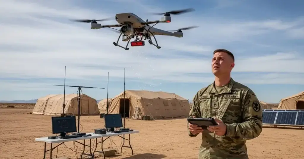 U.S. military engineer testing AI-powered drone facing technical delays in the AI Weapons Program.