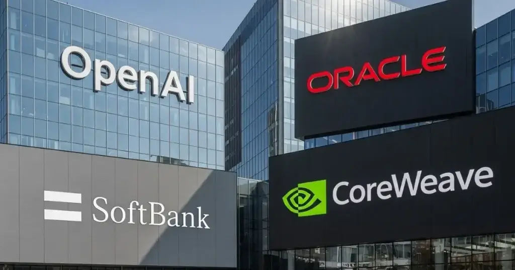 A realistic editorial-style image showing the logos of OpenAI, Oracle, SoftBank, Nvidia, and CoreWeave on modern office buildings and digital panels, representing the Stargate AI Data Centers $500B mega-project in the USA.