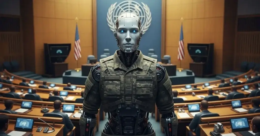 AI-powered humanoid military robot in front of the United Nations, symbolizing ethical debates on the U.S. Military's AI Weapons Program.
