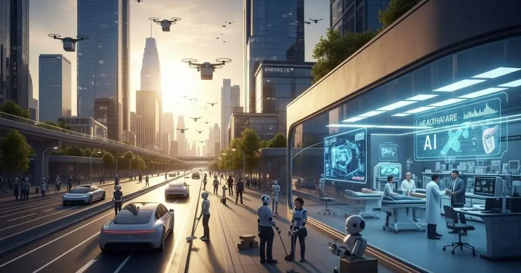 Futuristic USA city with autonomous cars, drones, humanoid robots, and AI-powered healthcare labs showing the impact of Gemini 2.5 AI.