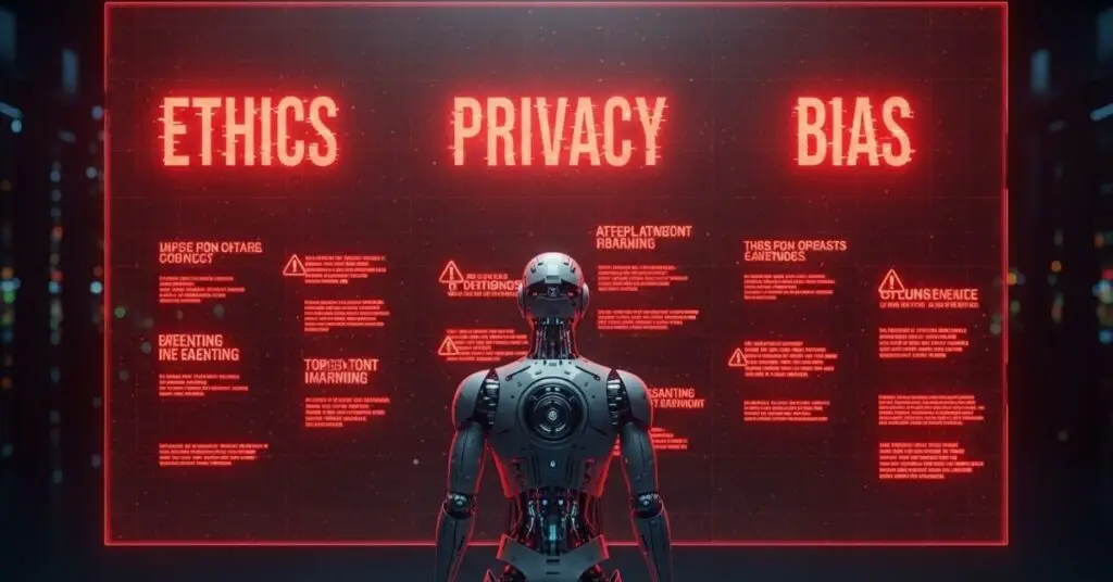 Hyper-realistic illustration of an AI robot facing digital warnings about ethics, privacy, and bias—showing challenges of Agentic AI adoption in the USA.