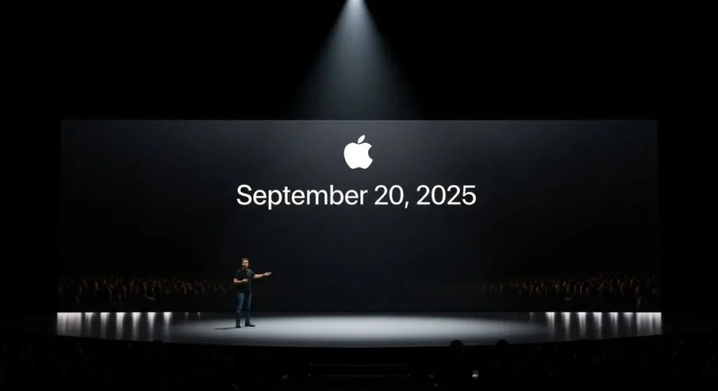 Apple Event 2025 stage showing September 20 date, highlighting the official iPhone 17 launch date in USA