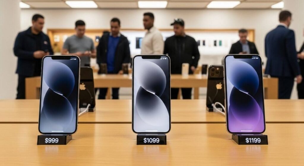 iPhone 17 price in USA displayed with iPhone 17, iPhone 17 Air, and iPhone 17 Pro models on Apple Store table
