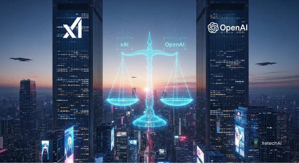 Futuristic skyline with justice scale symbolizing the xAI lawsuit against engineer and OpenAI, showing rivalry between two AI companies.