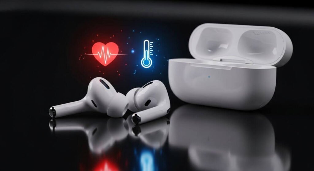 Apple AirPods Pro 3 features with heart rate and temperature sensors displayed on health tracking UI