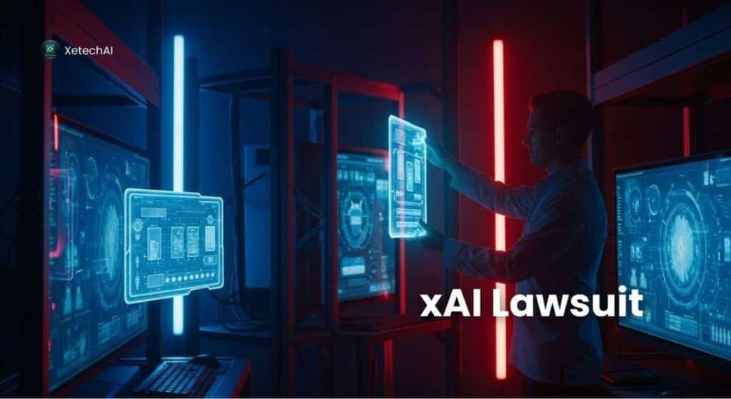 Illustration of data theft in the xAI lawsuit against engineer and OpenAI, showing a futuristic AI lab with secret file transfers.