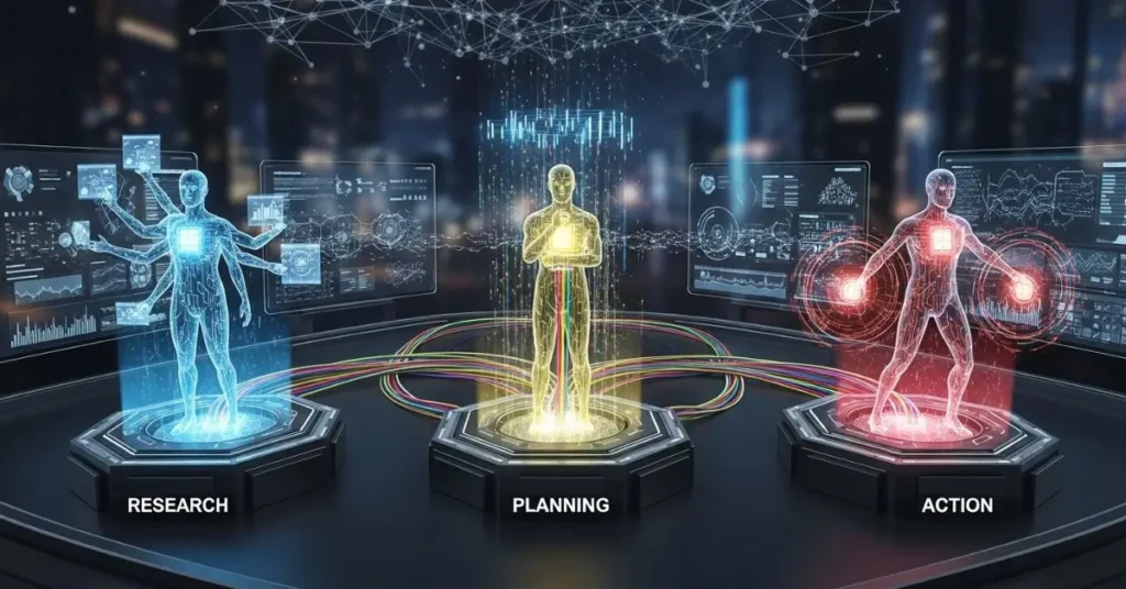 Diagram showing interconnected autonomous AI agents exchanging data in a futuristic neural network system.