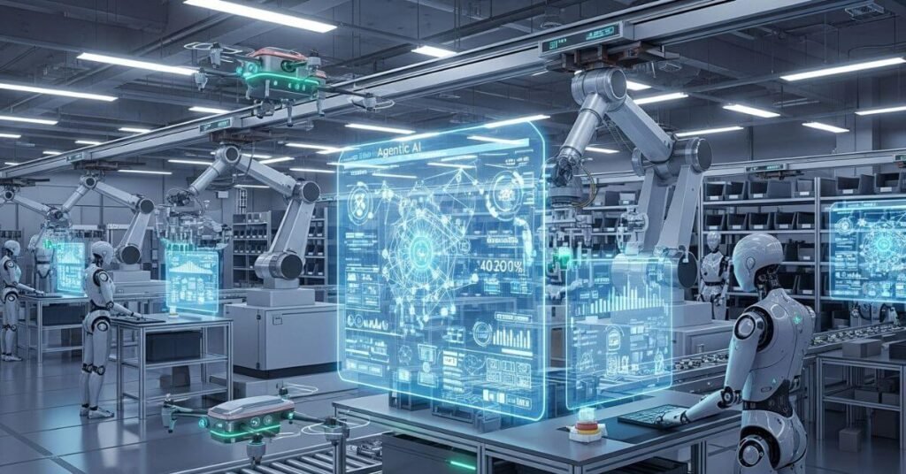 Humanoid robots and drones using Agentic AI to operate machinery and analyze live holographic data in a smart automated factory.