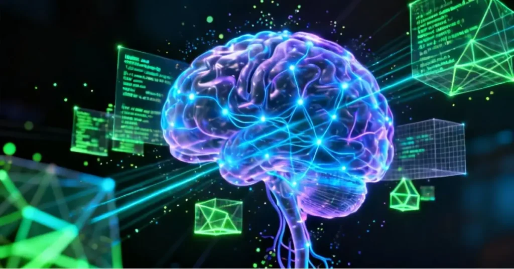 Futuristic 3D digital brain network visualizing evolving neural pathways and real-time algorithmic learning, symbolizing AGI’s self-improving intelligence.