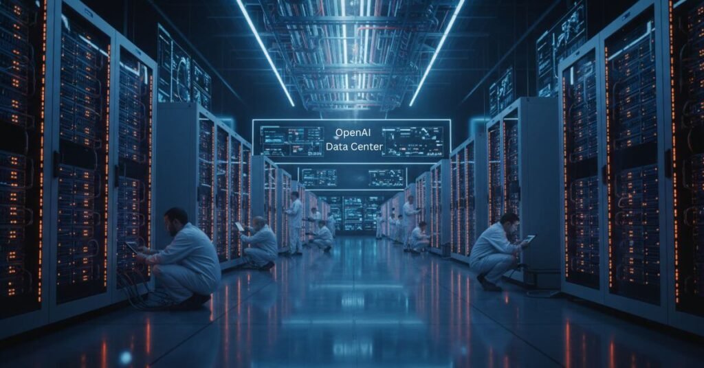 Engineers working inside OpenAI’s Massive USA AI Expansion data center in Michigan — glowing futuristic servers and renewable-powered AI systems.