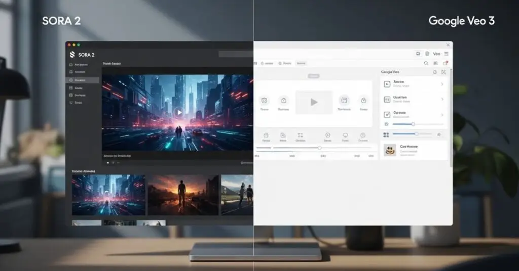 Hyper-realistic concept of Sora 2 vs Google Veo 3 AI video models showing side-by-side interface comparison with cinematic frames and dashboards