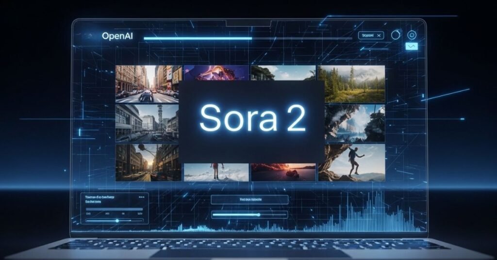 Hyper-realistic concept of Sora 2, OpenAI’s AI video model, generating cinematic video frames on a laptop for USA creators in a modern studio.