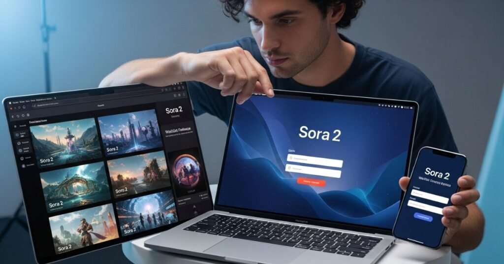Editorial-style image of a person in the USA accessing OpenAI’s Sora 2 on laptop and smartphone with login screen, waitlist signup, and AI video previews.