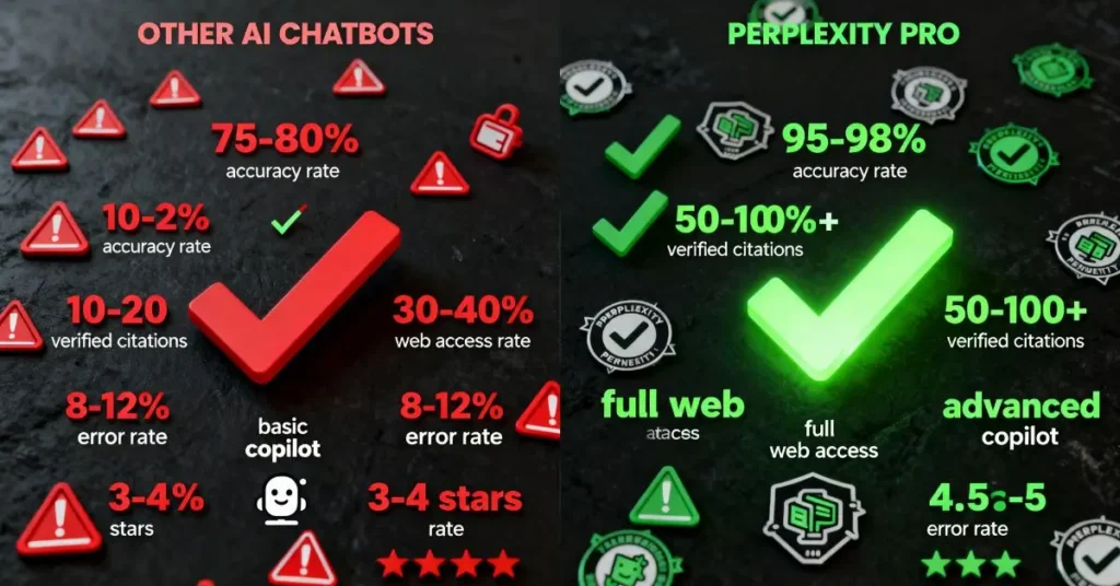Hyper-realistic comparison of Perplexity Pro vs normal AI chatbots, highlighting higher accuracy, real-time web access, research tools, and how users can Get Perplexity Pro One Month for Free.