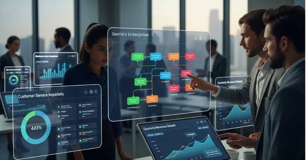 Gemini Enterprise AI dashboard in a modern high-tech office showing workflow automation, data analytics, and intelligent business decision-making