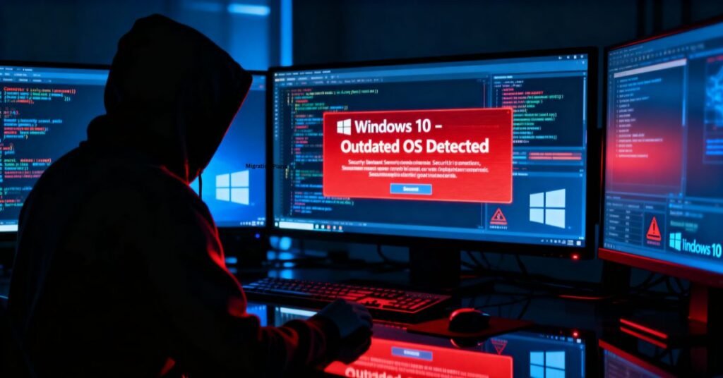 A hacker silhouette surrounded by glowing screens displaying a red warning alert — “Windows 10 Outdated OS Detected.” Represents cybersecurity risks after Windows 10 end of support in 2025.