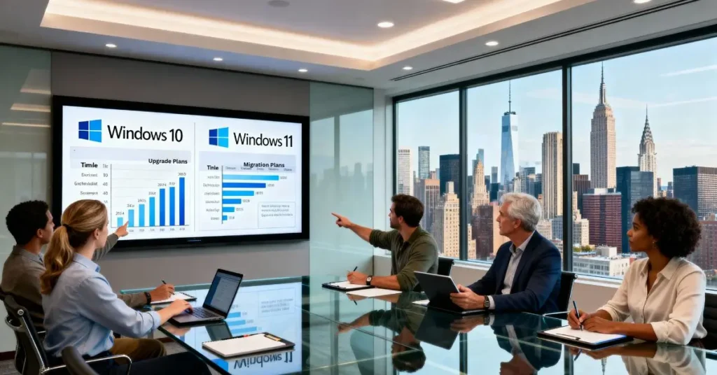 Diverse American office team analyzing upgrade charts about Windows 10 end of support and migration to Windows 11, shown on conference room screens.