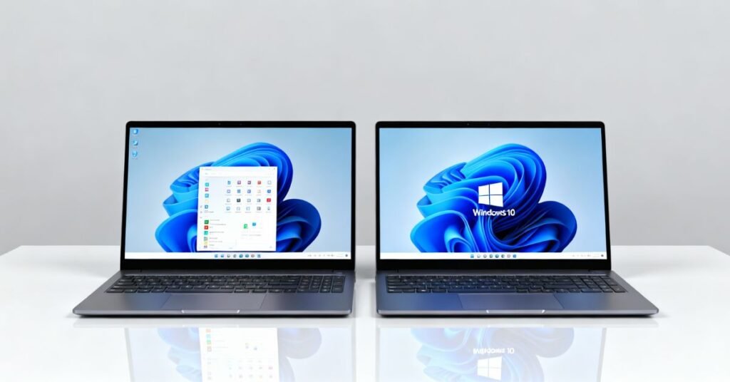 Side-by-side render of two laptops on a white desk — the left showing the Windows 10 classic Start Menu and the right showing Windows 11’s modern centered layout, representing the evolution of Microsoft’s operating system design.